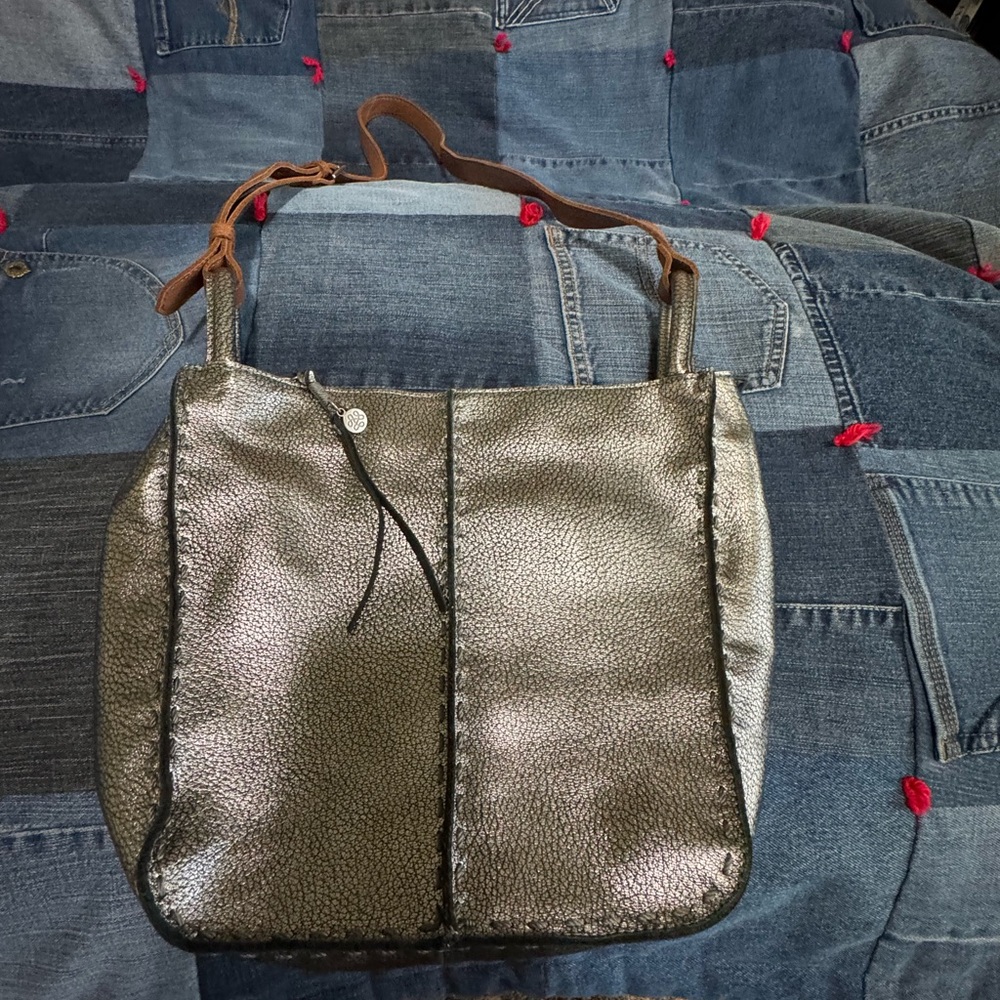 The Sak Metallic Silver Shoulder Bag with Brown Strap